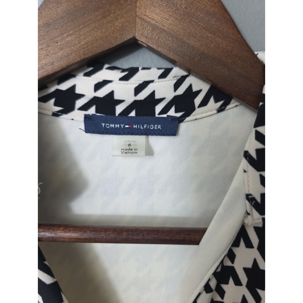 Tommy Hilfiger Dress Houndstooth Black Beige Midi Shift Sz 6 Preppy Academia - Picture 2 of 13
